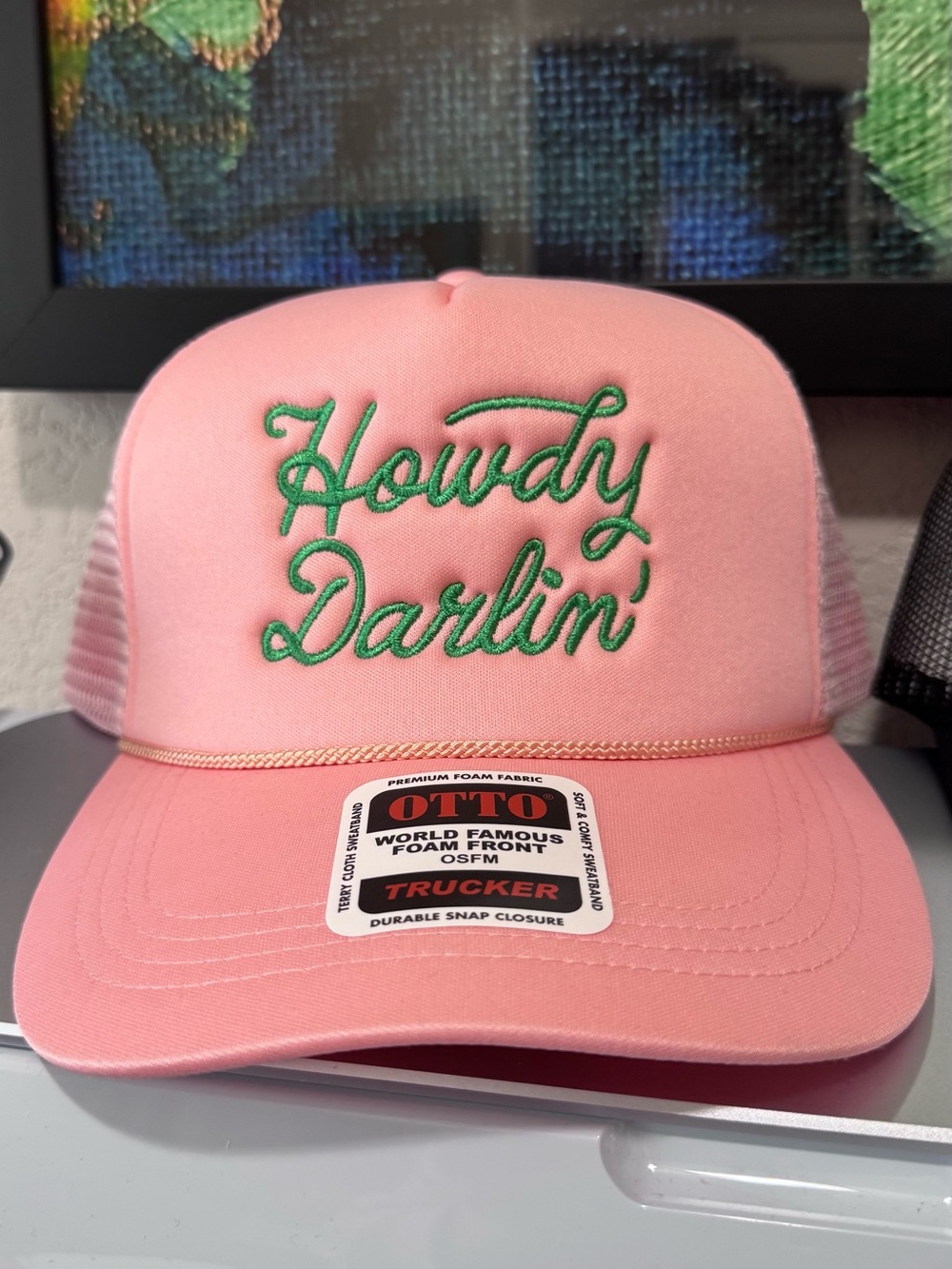 OTTO Pink Trucker Hat with Green “ Howdy Darlin” Script Embroidery